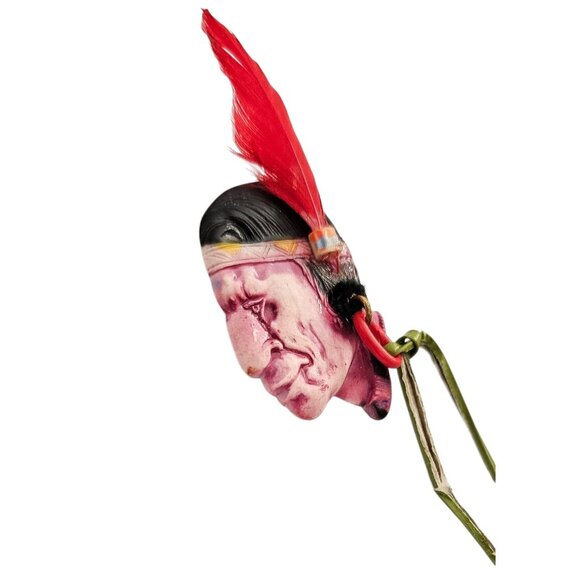 Plastic Vintage Native American Chief Pin With Feather And Dangle Earring L969 - Picture 2 of 6